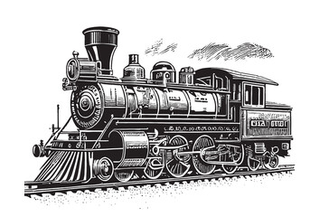 Vintage steam locomotive on white background hand drawn sketch in doodle style - obrazy, fototapety, plakaty