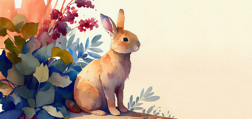 Watercolor painting of rabbit banner with copy space as illustration of bunny in flowers generative AI art