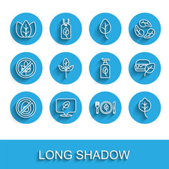 Set line No meat, Vegan food diet, Leaf or leaves, and Organic cosmetic icon. Vector