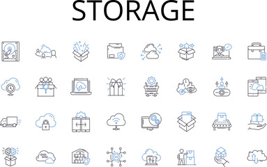Storage line icons collection. Preservation, Safekeeping, Hoarding, Storing, Stockpiling, Collecting, Retaining vector and linear illustration. Holding,Gathering,Accumulating outline signs set