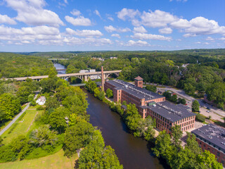 Ashton Mill and George Washington Bridge aerial view at Blackstone River between town of Cumberland and Lincoln, Rhode Island RI, USA. 