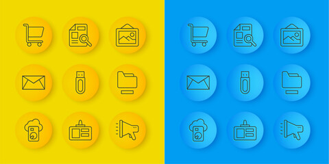 Set line Cloud database, Mail and e-mail, USB flash drive, Megaphone, Document folder, Shopping cart, Picture landscape and with graph chart icon. Vector