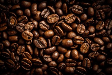 Top down view of fresh roasted coffee beans. AI Generative Art.