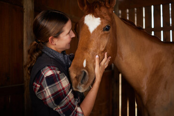 Horses make a landscape look beautiful. a young woman petting a horse in a barn.
