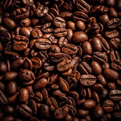 Fototapeta premium Top down view of fresh roasted coffee beans. AI Generative Art.