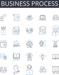Business process line icons collection. Production line, Operational flow, Work procedure, Task sequence, Schedule framework, Operating mechanism, Service regimen vector and linear illustration