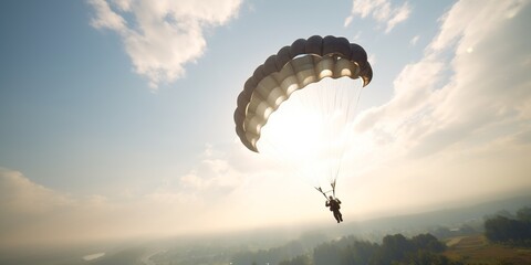 Parachuting. Action sport. Paratroopers or parachutist free-falling and descending with parachutes. Generative AI. Sky. Sport background