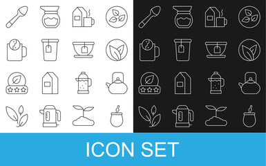 Set line Mate tea, Kettle with handle, Tea leaf, Cup of milk, bag, time, Teaspoon and icon. Vector