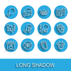 Set line World Vegetarian day, Sprout, Chicken leg, Steak meat, Cow head, Genetically modified chicken, No and icon. Vector