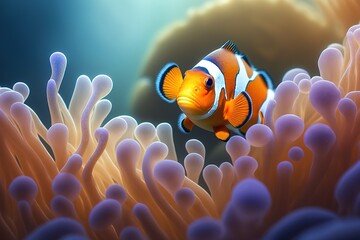 Clown anemone fish, orange marine fish, aquarium backdrop Generative AI - obrazy, fototapety, plakaty