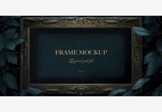 Stunning Dark Picture Frame With Leaf And Vine Design On Black Background - Perfect For Text Or Image Placement - Customizable Message And Image Space Included Frame Mockup Template Generative AI