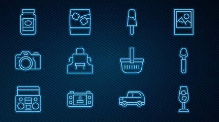 Set line Wine glass, Spoon, Ice cream, Kitchen apron, Photo camera, Jam jar, Picnic basket and Glass of whiskey with ice icon. Vector