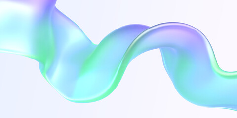 Fototapeta premium Holographic iridescent ribbon isolated on white background 3d render. Flowing wave line or tape in motion. Fluid, foil or metal neon shape with green blue purple gradient texture. 3D illustration