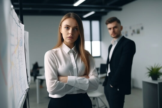 Serious woman and man in business suit in office, created with Generative AI Technology
