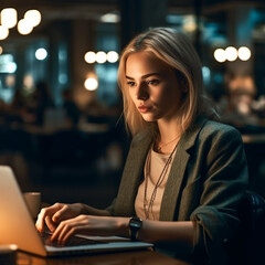 Stylish blond hair woman working on laptop computer in cafe, created with Generative AI Technology