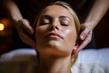 Woman do lifting massage in spa, closeup view on face and hands, created with Generative AI Technology