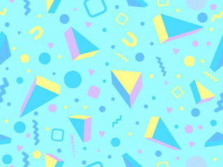 Geometric seamless pattern with 3d figures in 80s - 90s memphis style. Colorful background with isometric shapes. Design of promotional products, wrapping paper and printing. Vector illustration