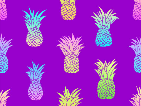 Gradient pineapples seamless pattern. Summer fruit pattern. Pineapple fruit on violet background. Tropical design for T-shirts, prints on paper and fabric. Vector illustration