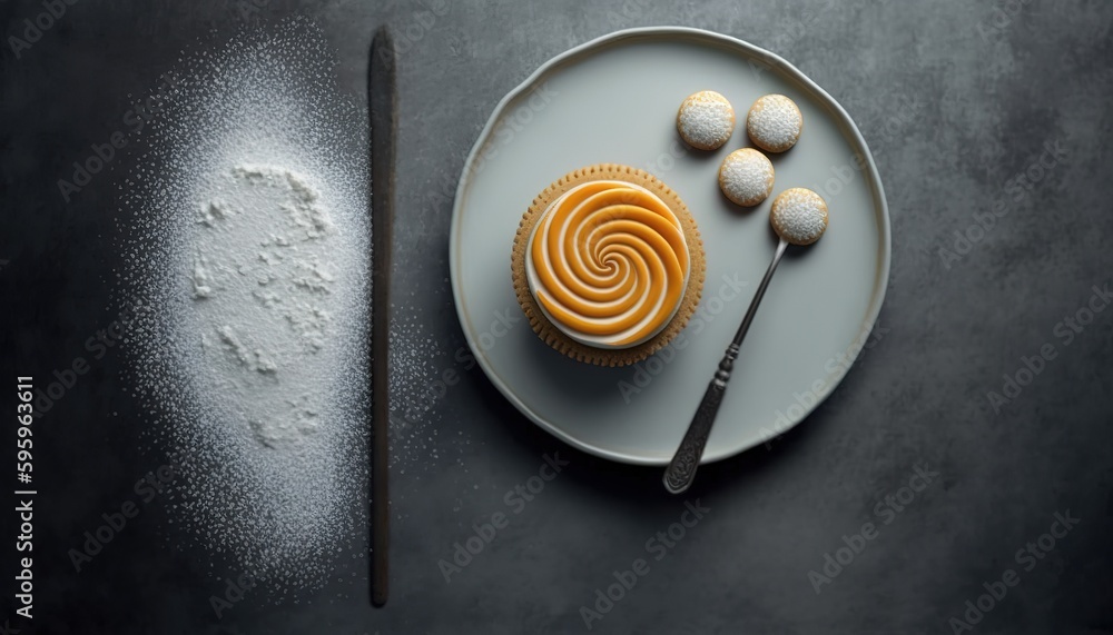 Poster considered from above on a grey backdrop is a biscuit sugar cookie and a spherical, sugar-dusted cak