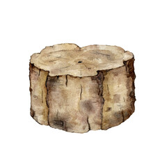 An old stump, a felled tree. For park, garden, forest. Watercolor illustration.