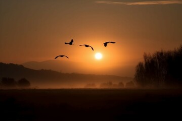 Sunrise new day and flying flock of  bird. AI generative