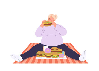 Young woman character with fat belly eating burgers sitting on blanket having fast food disorder
