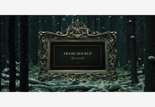 Enchanting Winter Scenery: Picture Frame Amidst Snowy Forest With Trees And Mossy Ground, Dark Background And Patches Of Snow Frame Mockup Template Generative AI