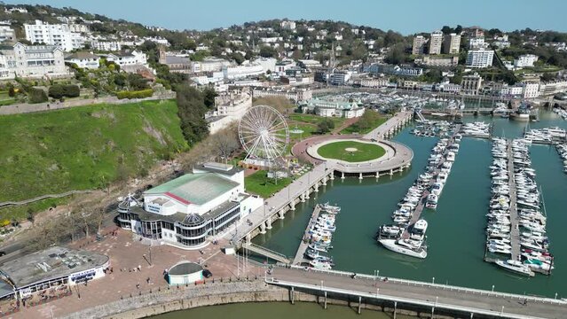 Aerial view over Torquay seafront and harbour in Devon UK.