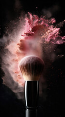 professional makeup brushes on a black background with a splash of powder shades of pink. generative AI