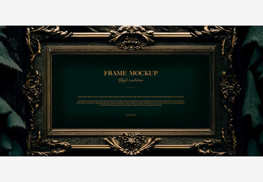 Stylish Gold Frame On Wooden Table With Tree Branch And Black Background - Perfect For Art And Photography Displays Frame Mockup Template Generative AI