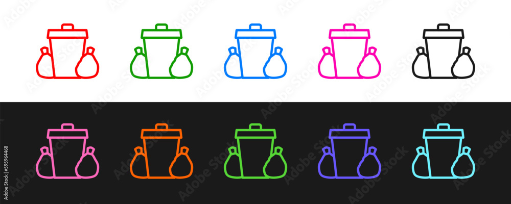 Poster set line trash can icon isolated on black and white background. garbage bin sign. recycle basket ico