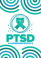 PTSD Awareness Month in June. Post Traumatic Stress Disorder. Celebrated annual in United States. Medical health care and awareness design. Poster, card, banner and background. Vector illustration