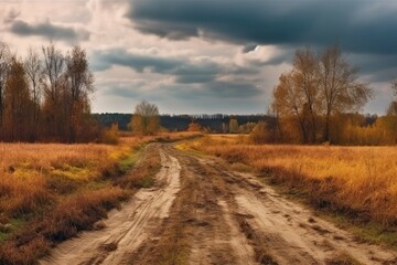 Fototapeta premium Beautiful Autumn rural landscape; Panorama of autumn golden field with dirt road and cloudy sky. AI generative