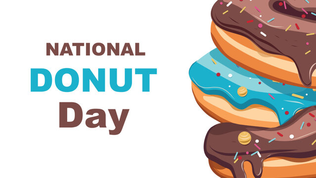 National donut day social media post and advertisement card with assorted delicious donuts on light background. Vector illustration web page, banner.