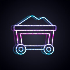 Glowing neon line Mine cart with gold icon isolated on black background. Vector