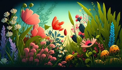 Illustration of a flower meadow in spring. Generative AI.