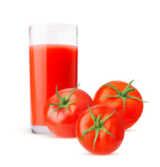 Glass of freshly squeezed tomato juice and three tomato