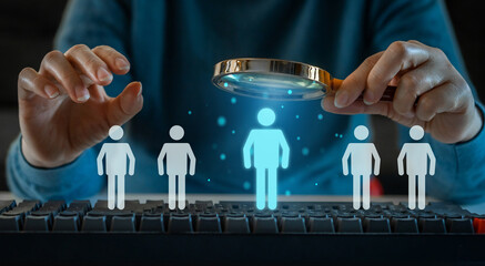HR - Human resources recruitment, HRM, CRM, management, magnifier glass choose manager icon, staff,...