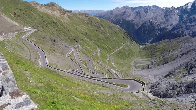 Stelvio Pass mountain road hairpin curves in Italy