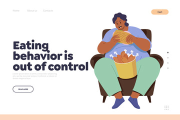 Eating behavior out of control concept for landing page design template with overweight character