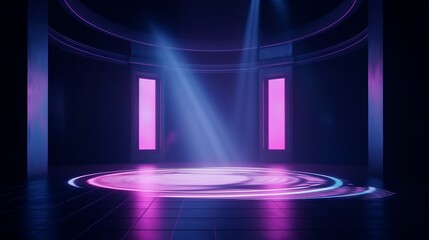 Fototapeta premium The dark stage shows empty dark blue purple pin background. AI generated