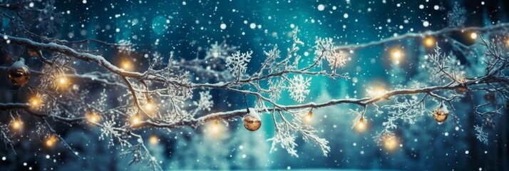 Art Christmas Lights and falling snow on blue background. Christmas banner design. AI generative