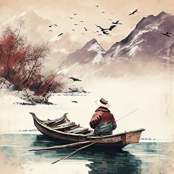 An old man is fishing on a small boat with a snowy mountain in the background