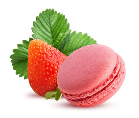 Sweet strawberry macarons with green leaf