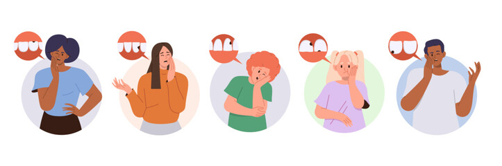 Set of different aged children suffering from tooth ache and caries oral disease isolated on white