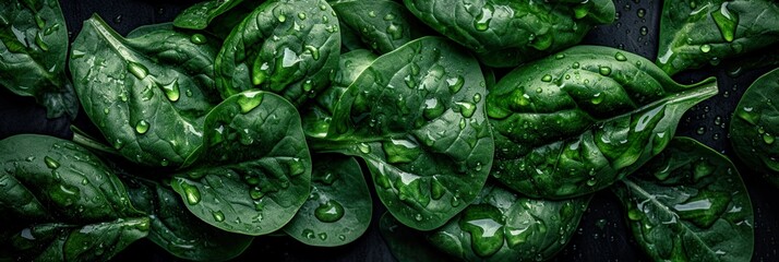 Obraz premium Top down view of fresh spinach leaves with waterdrops. AI Generative Art.