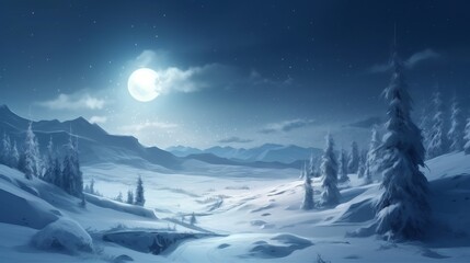 Beautiful winter landscape, tree, mountains and the moon photorealistic. AI generated