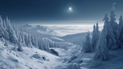 Beautiful winter landscape, tree, mountains and the moon photorealistic. AI generated