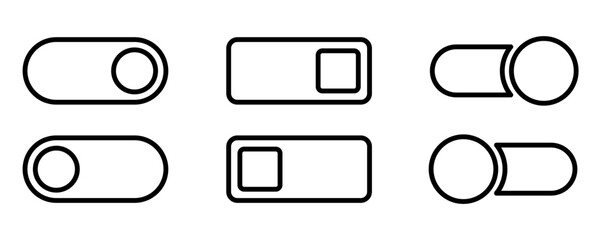Outline toggle icon set. Switch toggle slider. Turn off and on toggle. Outline switcher icon set. Switcher in black. Linear Turn on slider. Active and inactive slider. Stock vector illustration - obrazy, fototapety, plakaty
