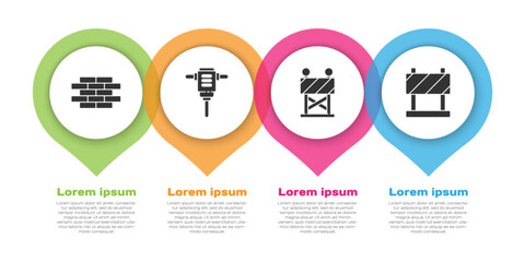 Set Bricks, Electric rotary hammer drill, Road barrier and Road barrier. Business infographic template. Vector